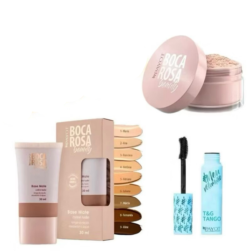 KIT 3 Pcs Base Boca Rosa + Pó Solto Mármore E Mascara Promoção